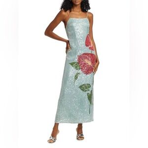 Farm Rio Sequin Blue Anthurium Flowers Midi Slip Dress